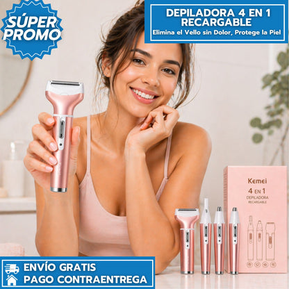 Depiladora 4 en 1 Recargable que Elimina el Vello sin Dolor, Protege la Piel y Deja un Acabado Suave en Minutos