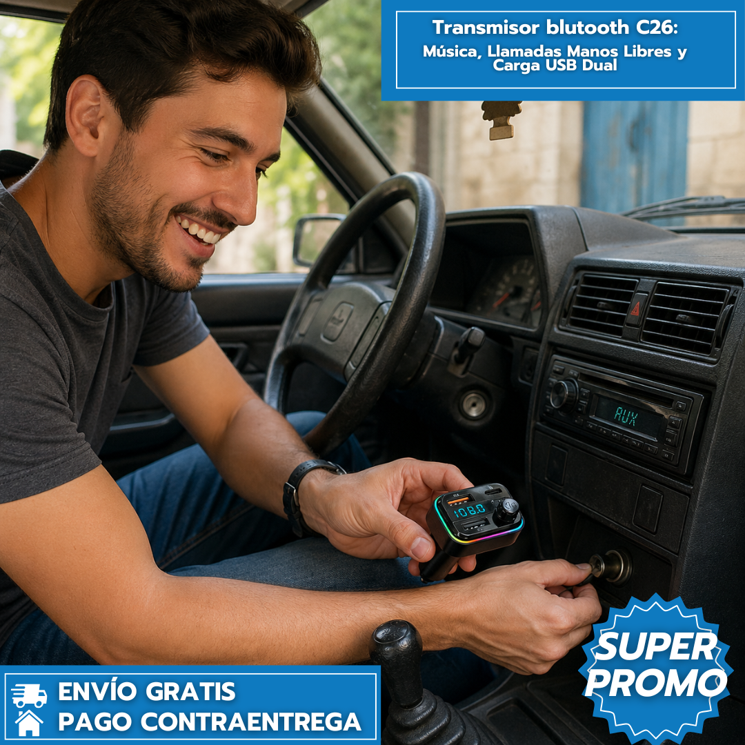 DriveAudio: Transmisor Bluetooth para Carro con Música, Llamadas Manos Libres y Carga USB Dual