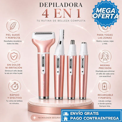 Depiladora 4 en 1 Recargable que Elimina el Vello sin Dolor, Protege la Piel y Deja un Acabado Suave en Minutos